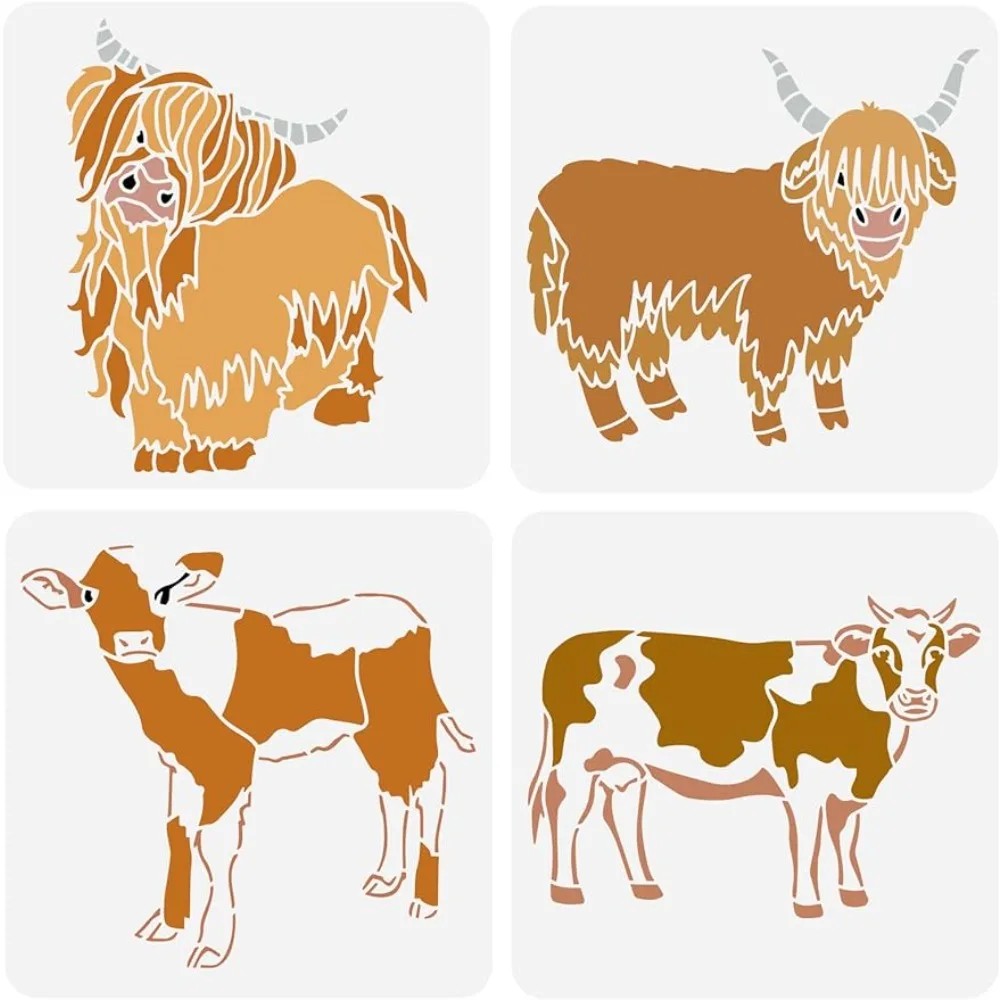 

4 pcs Farm Animal Stencil for Painting 11.8x11.8inch Reusable Highland Cow Drawing Stencil DIY Craft Cows Stencil for Painting