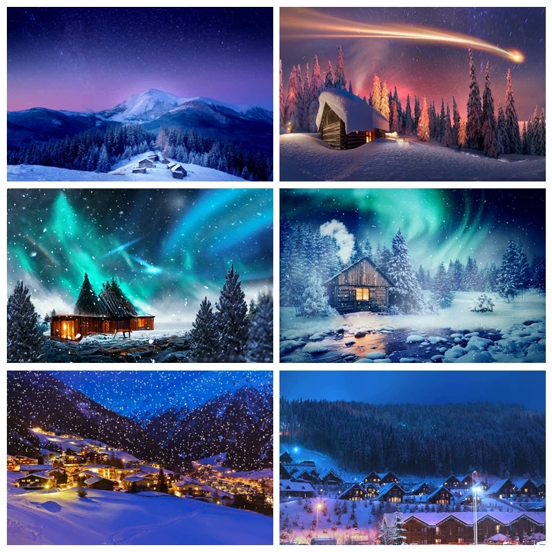 Cenário da Fotografia do Floco de Neve da Noite do Inverno Céu Estrelado Árvores da Lua Fundo do Pinho Decoração do Partido do Natal Ano Novo Feliz