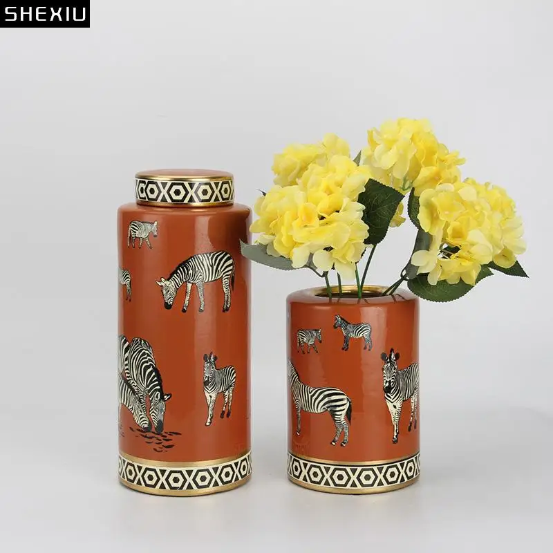 

Zebra Pattern Ceramic Storage Jar with Lids Desk Decoration Ornaments Gold Plated Orange Porcelain Jars Tea Canister Candy Pots