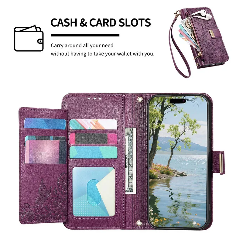 Zipper Wallet Flip Case with Card Holder and Wrist Strap