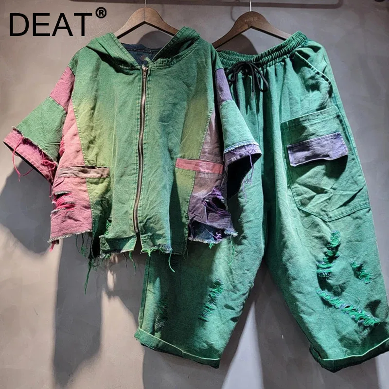 DEAT Fashion Vintage Women's Two-pieces Set Denim Patchwork Short-Sleeve Hoodie Jacket Elastic Waist Loose Pants Female 11A04872