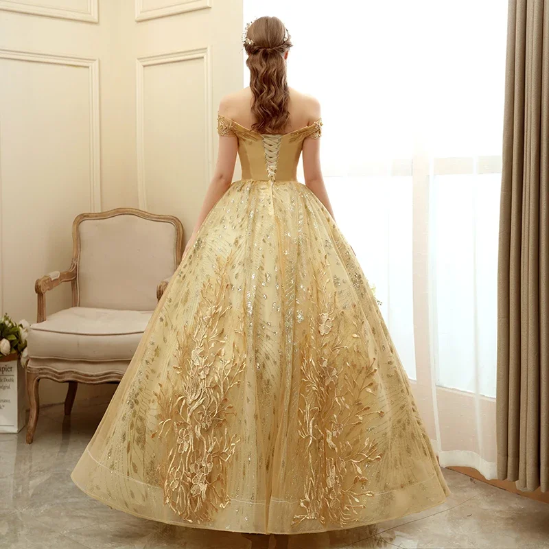 Off The Shoulder Party Gold Quinceanera Dress New Prom Dress Ball Gown Vintage Lace Quinceanera Gown Plus Size