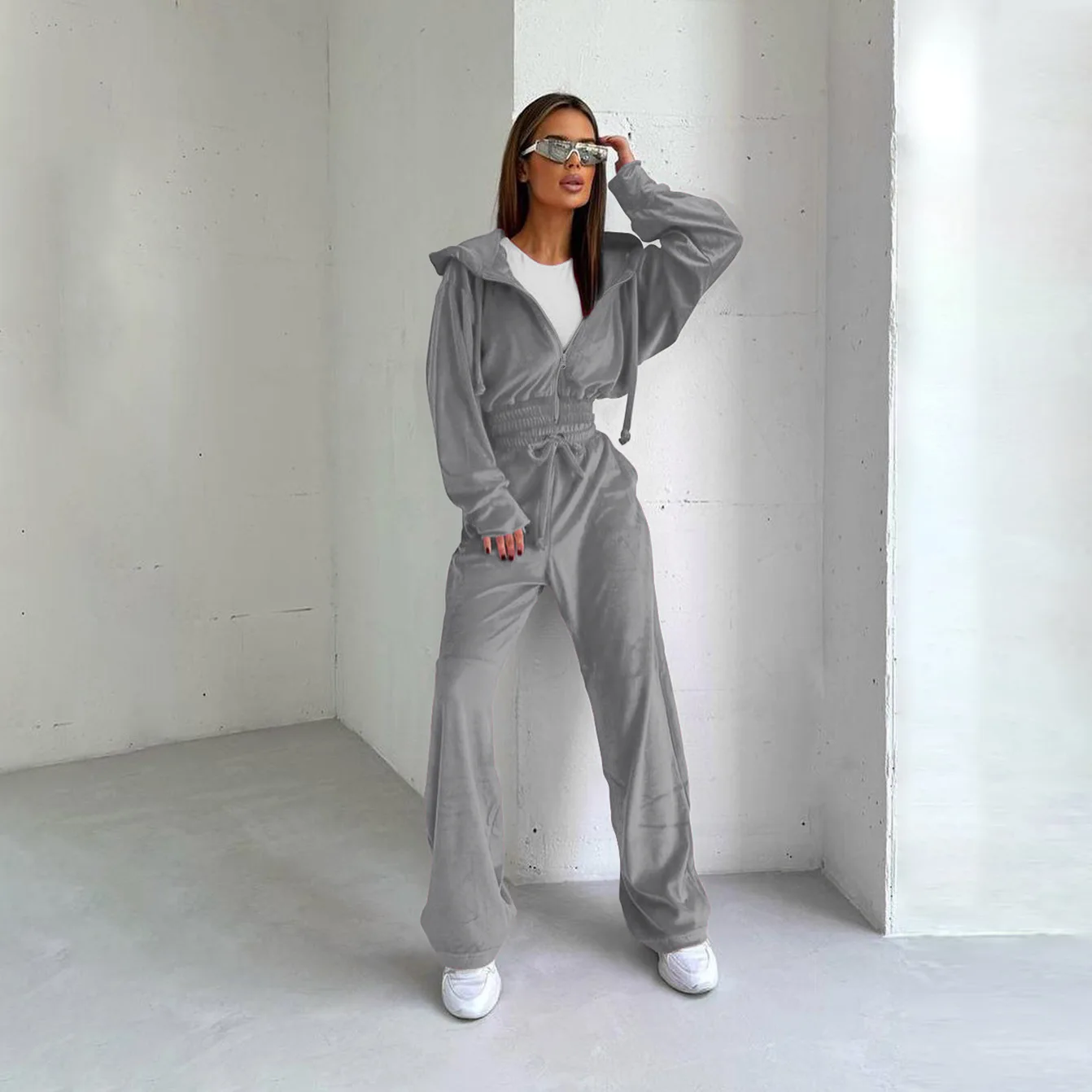 thumbnail image 1 of Conjunto de chándal de terciopelo para mujer, sudadera de 2 piezas, pantalones de chándal, sudadera con capucha y cremallera completa, sudadera con bolsillo, ropa deportiva informal de otoño, 1 of 5
