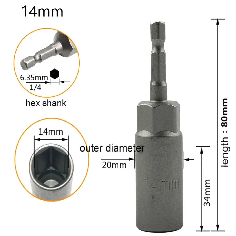 Description Picture 6 of item1PCS Screwdriver Bits 80mm Length 1/4" Hex Hex Sockets 5.5-17mm Drive Magne Socket Impact Nut Bolt Drill Bits Screwdrivers Bit