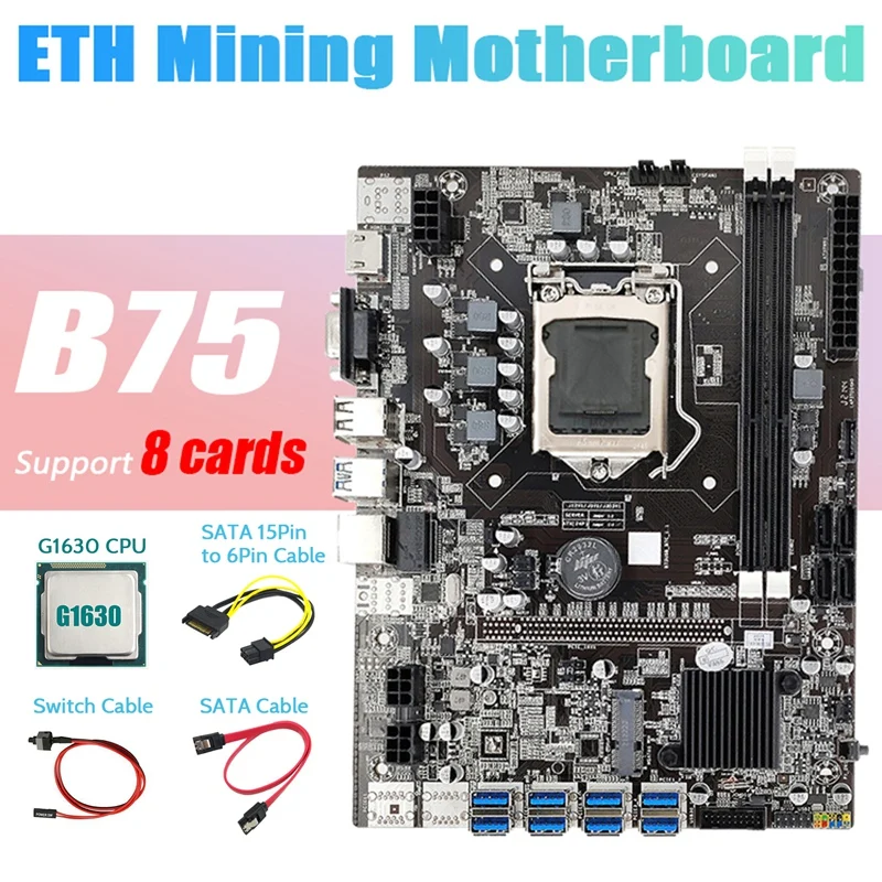 gaming pc motherboard B75 ETH Mining Motherboard 8XPCIE to USB+G1630 CPU+SATA 15Pin to 6Pin Cable+SATA Cable+Switch Cable LGA1155 Motherboard budget gaming pc motherboard