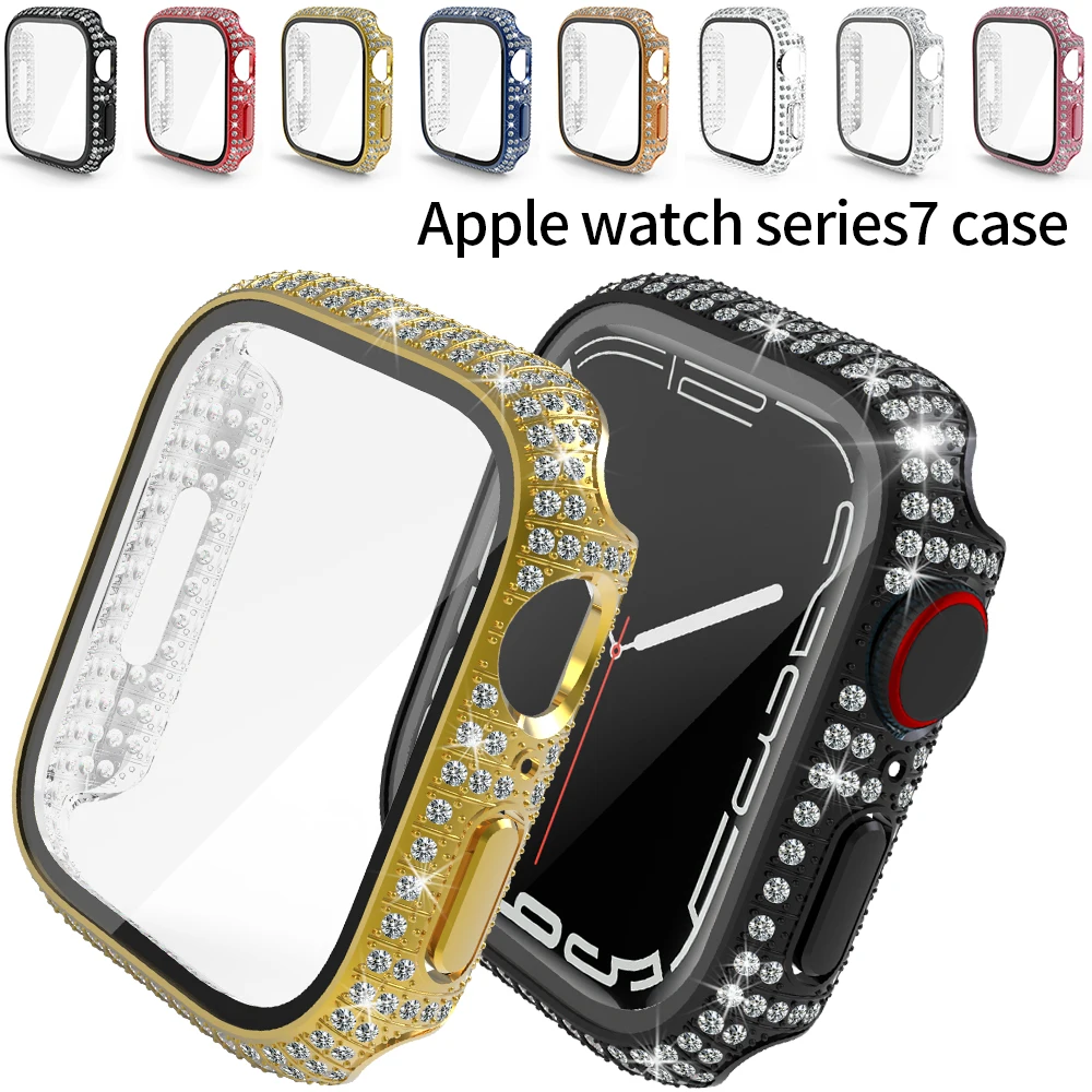 Diamond Tempered Glass Film + Case for Apple Watch 7 41mm 45mm Bling Woman Protective Bumper Smart iWatch Bracelet Accessories