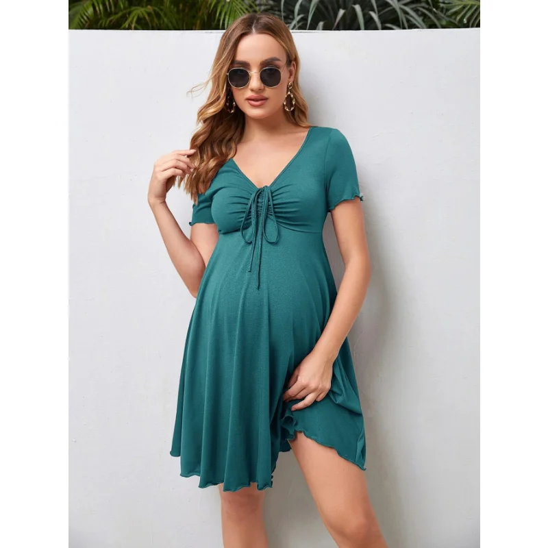 Maternity Clothes Dresses Summer Pure Colour V-neck Women Dress Loose Plus Size Pregnant Skirts Casual Clothing