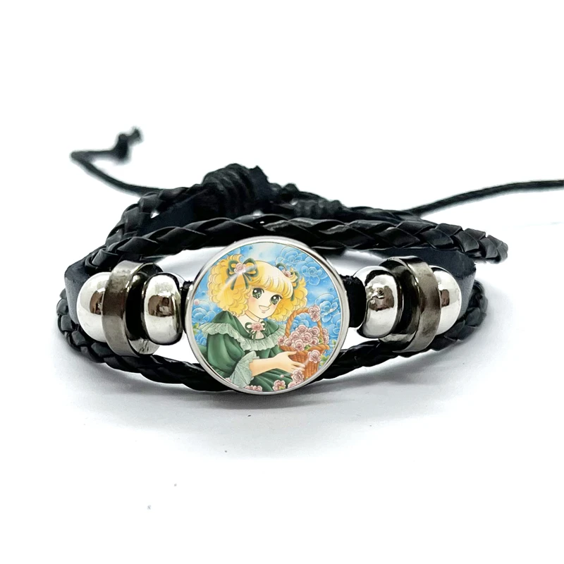 Anime Manga Candy Pattern Leather Bracelets Glass Dome Snap Button Bracelet & Bangles Fashion Women Men Jewelry 4