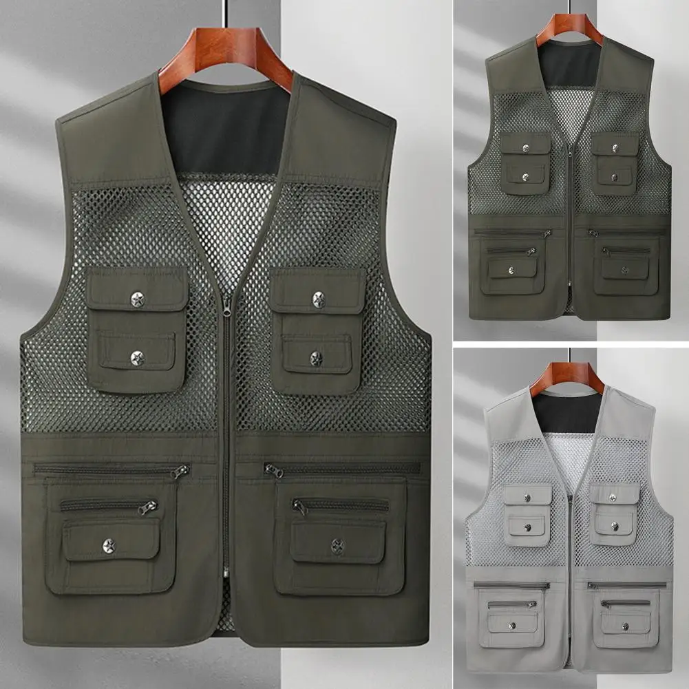 

Middle-aged Men's Vest Multi-pocket Hollow Mesh Splicing Vest Zipper Pocket Quick Drying Casual Thin Vest