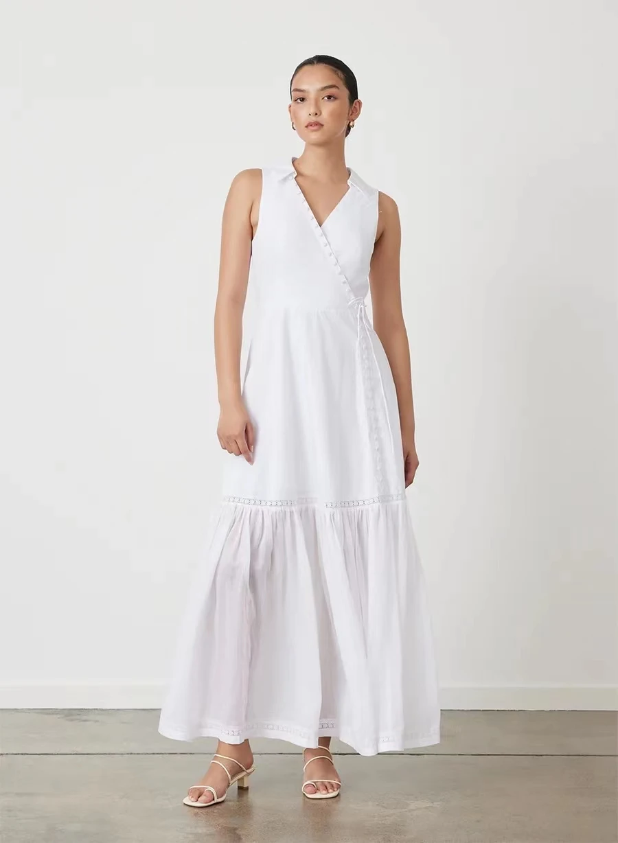 

Women's V-Neck Oblique Buttons Sleeveless Lace Stitching Long Dress