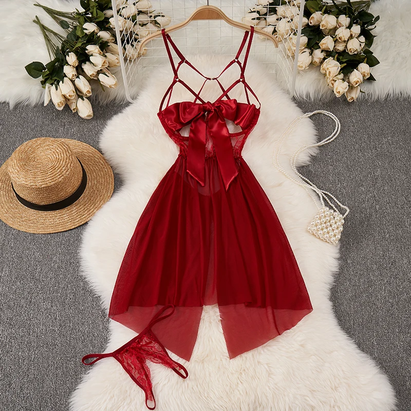 Sweet Sexy Lace Patchwork Strap Dress Bow Hollow Backless Sleeveless Nightgown Women Nightdress Pajamas Hot Slim Pleated Dress