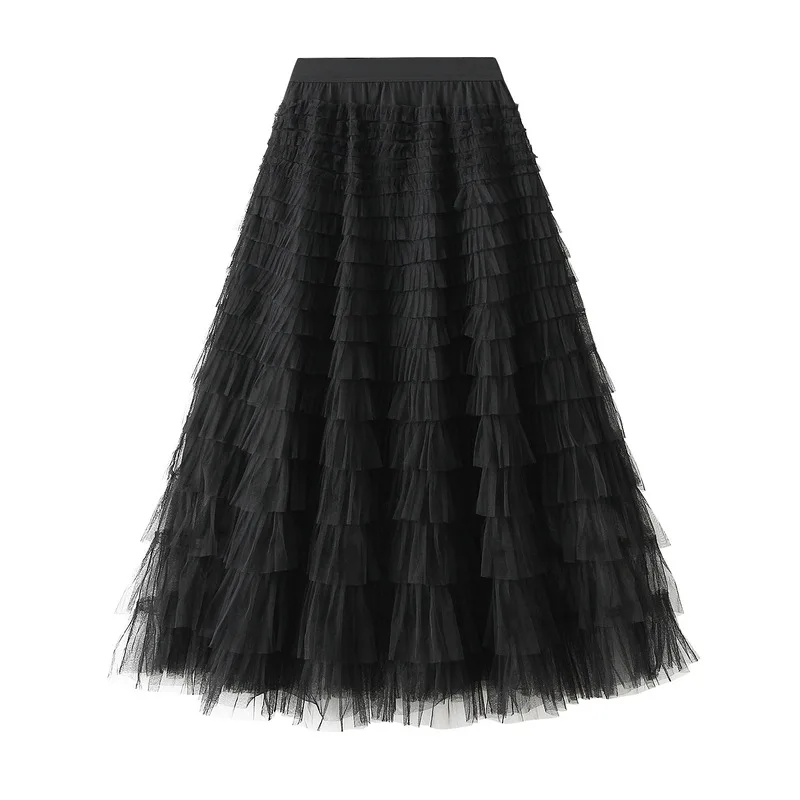 

Ruffled Long Coke Skirt Women 2023 Spring Autumn New Slim Ladies Pink Tulle Skirts Women With Lining