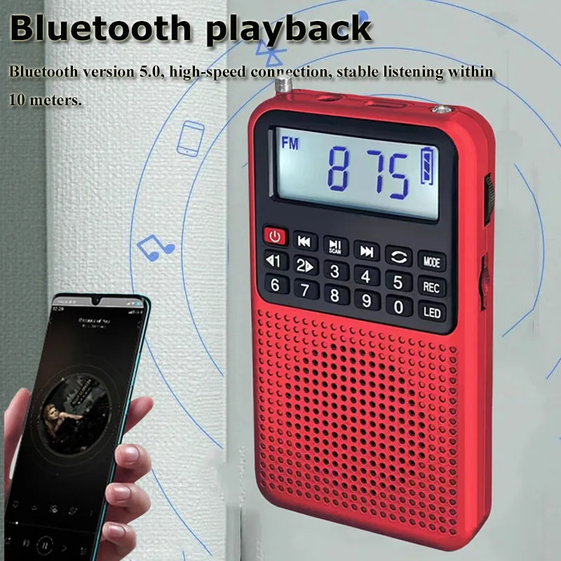 Mini Pocket FM Radio High Sensitivity Radios Receiver Portable Bluetooth Speaker Recorder with LED Light Support TF Card Headset