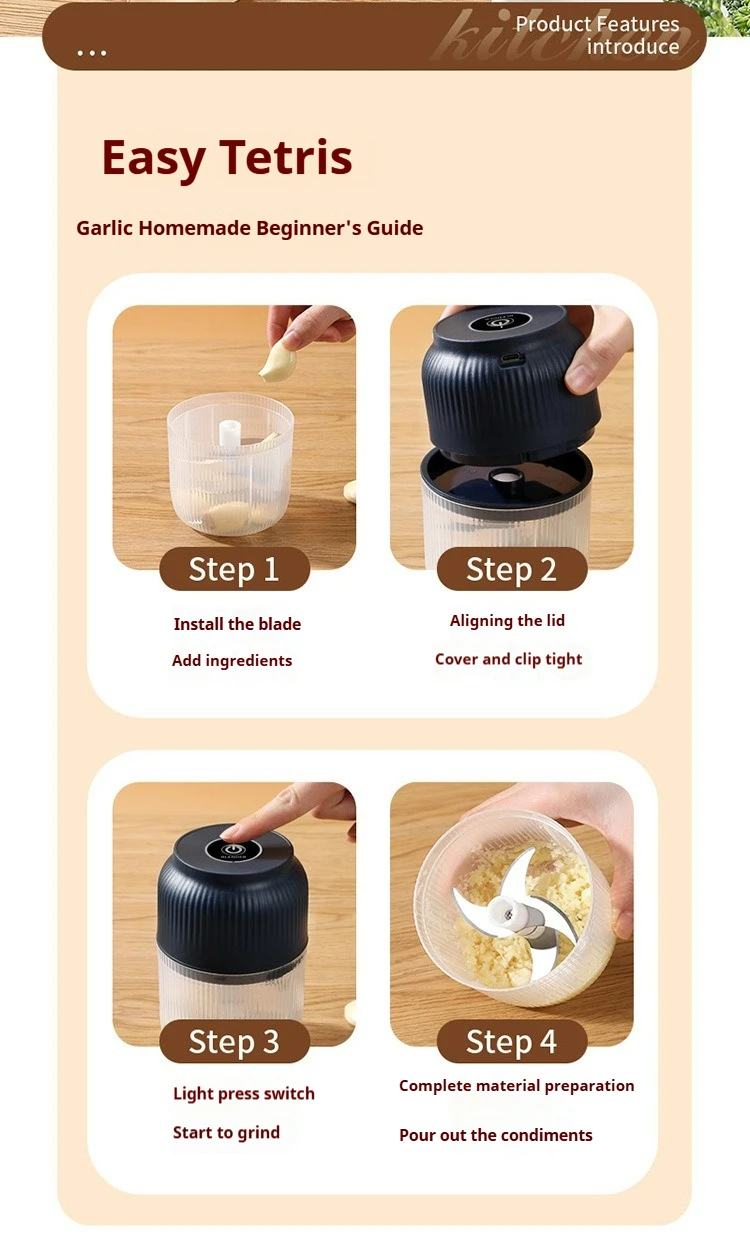 Description Picture 5 of itemElectric Garlic Chopper Vegetable Chopper Meat Grinder Kitchen Kids Aid Mixer Food Processor Kitchen Tools 150ml/300ml/400ml