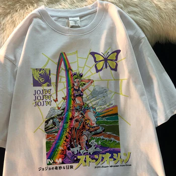 조조의 기묘한 모험 Jolyne Cujoh Tshirt 남성용면 100% 대형 인쇄 짧은 소매 캐주얼 티셔츠 여성
