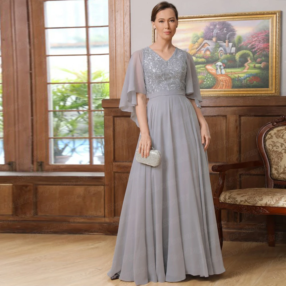 

Modern Chiffon Mother Of The Bride Dresses For Weddings Lace Floor Length Simple A Line Guest Party Gown V Neck Plus Size Custom