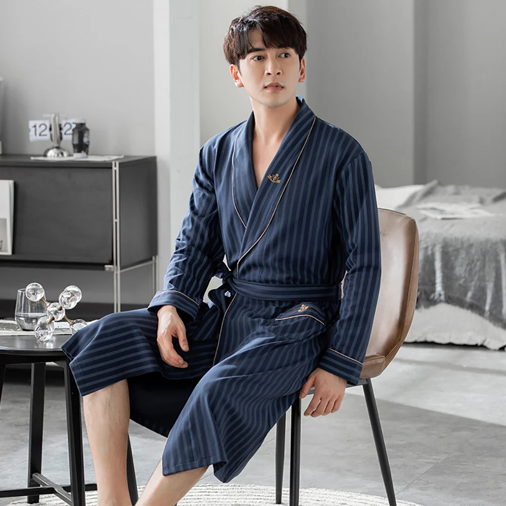 4XL Trendy Solid Striped Men Bath Bathrobes Spring Autumn Cotton Shower Robe 3XL Casual Loose Bathrobes Kimono With Two Pockets