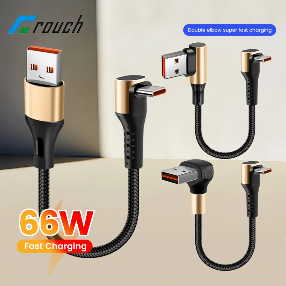 Compact Double Elbow USB A to Type C Fast Charging Cable - 66W, Available in 0.15M, 0.25M, and 0.5M Lengths