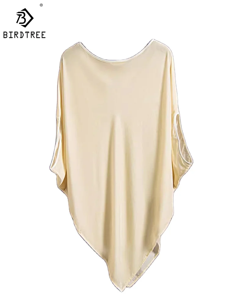 

Birdtree 100%Real Silk Velour T-shirts Woman Slash Neck Irregular Elegant Designed Loose Baisics Tees Fall Winter Tops T39434QM