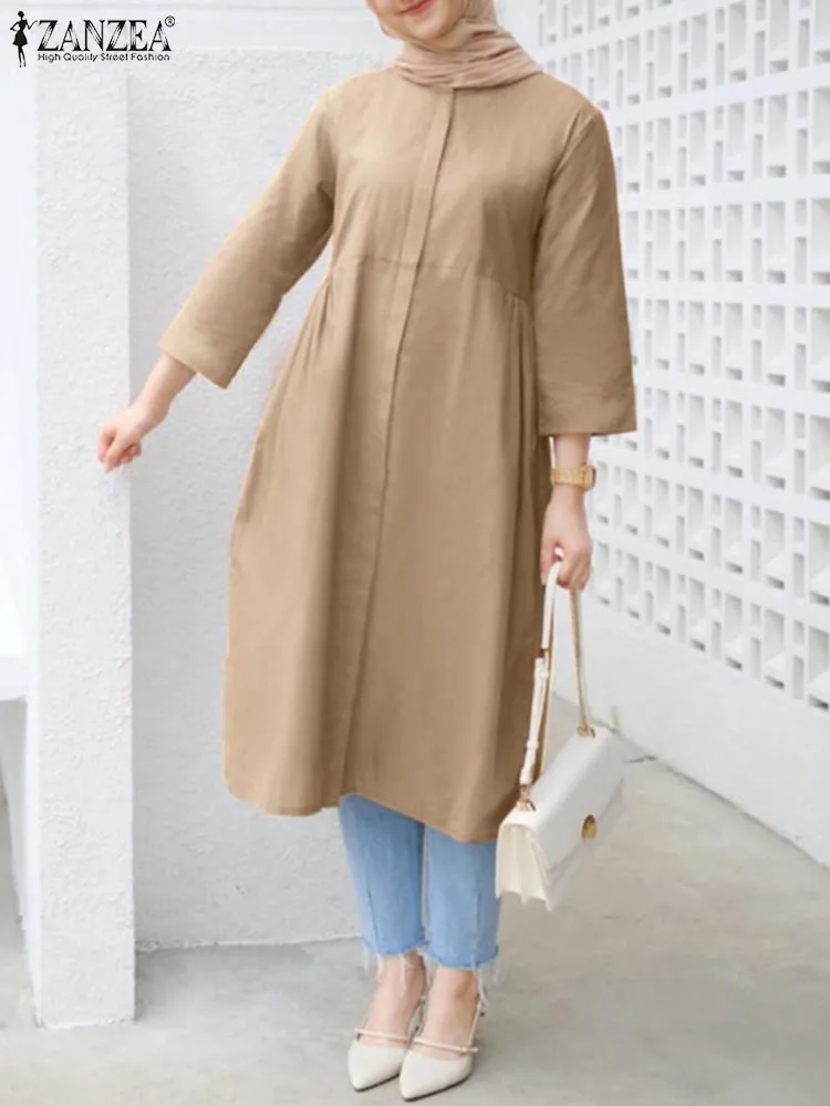 

ZANZEA Summer Fashion 3/4 Sleeve Muslim Blouse Casual Loose Long Shirt Women Solid Abaya Hijab Tops Elegant Islamic Clothing