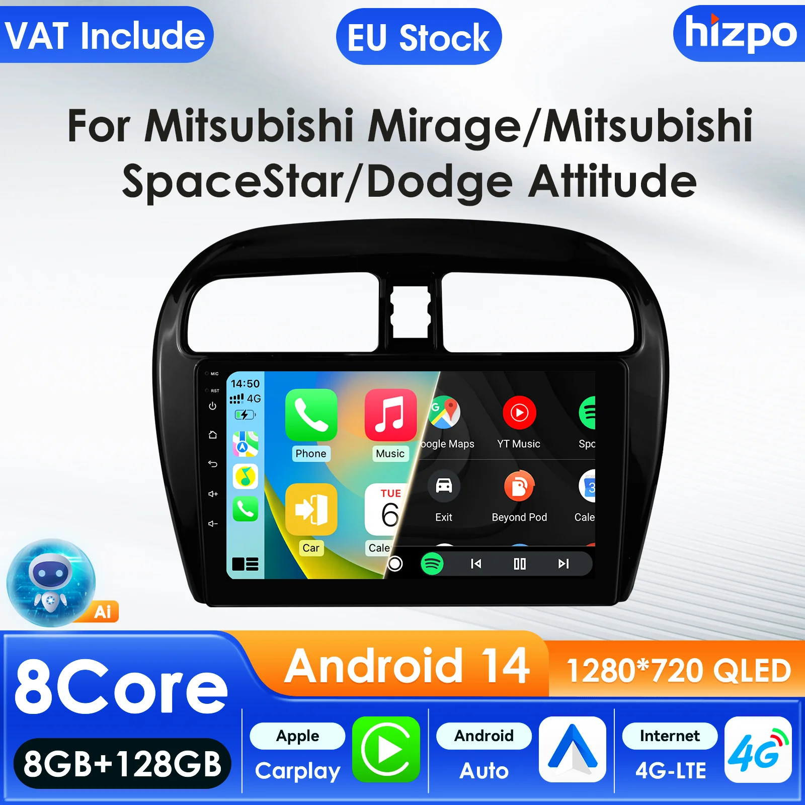 Hizpo Autoradio Carplay 4G AI Systeme Android Autoradio für Mitsubishi Mirage/Space Star 2012-2023 Multimedia Video Player GPS