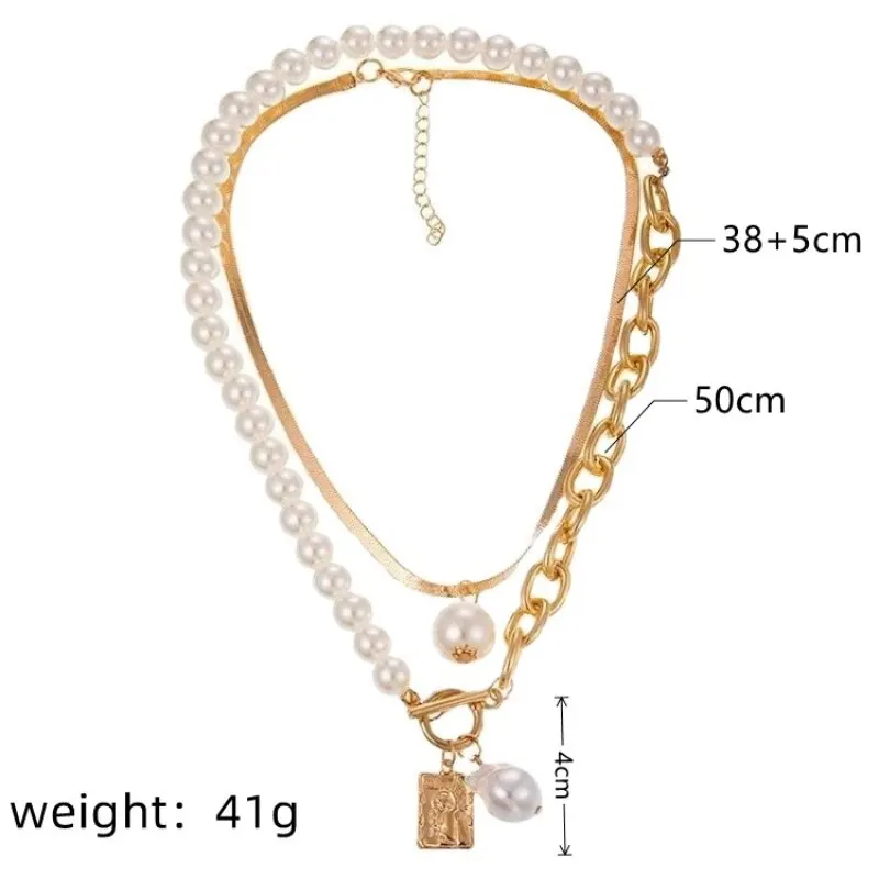 Sf96fa07d4d6646c7bc2241478a1e7ae8X 2PCS Gold-color Necklace Hip Hop Style Baroque Faux Pearls Head Square Pendant Jewelry Mallzona