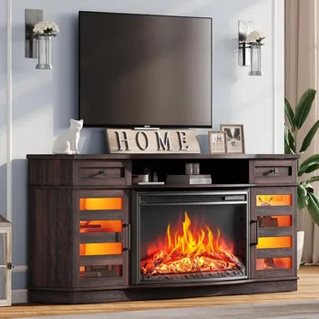 70 Inch Farmhouse Style Electric Fireplace TV Stand with Curved 36 LED Screen, 2 Drawers and Adjustable Shelves