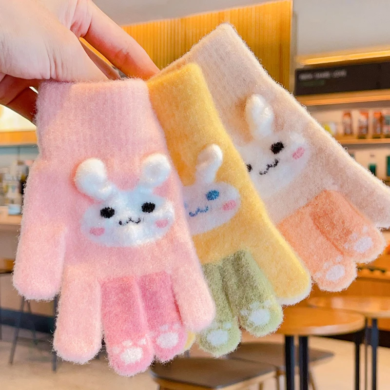 New Children Colors Winter Cute Rabbit Knitting Soft Five Finger Gloves Boys Girls Outdoor Warm Gloves Kids Glove Mittens