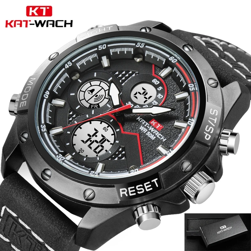 2022 KAT-WACH Fashion Chronograph Leather Sport Wristwatches Men Military Date Electronic Timing Men's Watches Relogio Masculino 