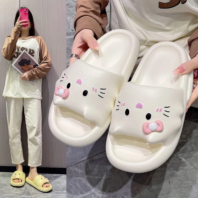 

Шлепанцы Sanrios женские домашние, мультяшный рисунок, Hello Kitty, Нескользящие, мягкая подошва, пляжная обувь для девушек, летние Тапочки