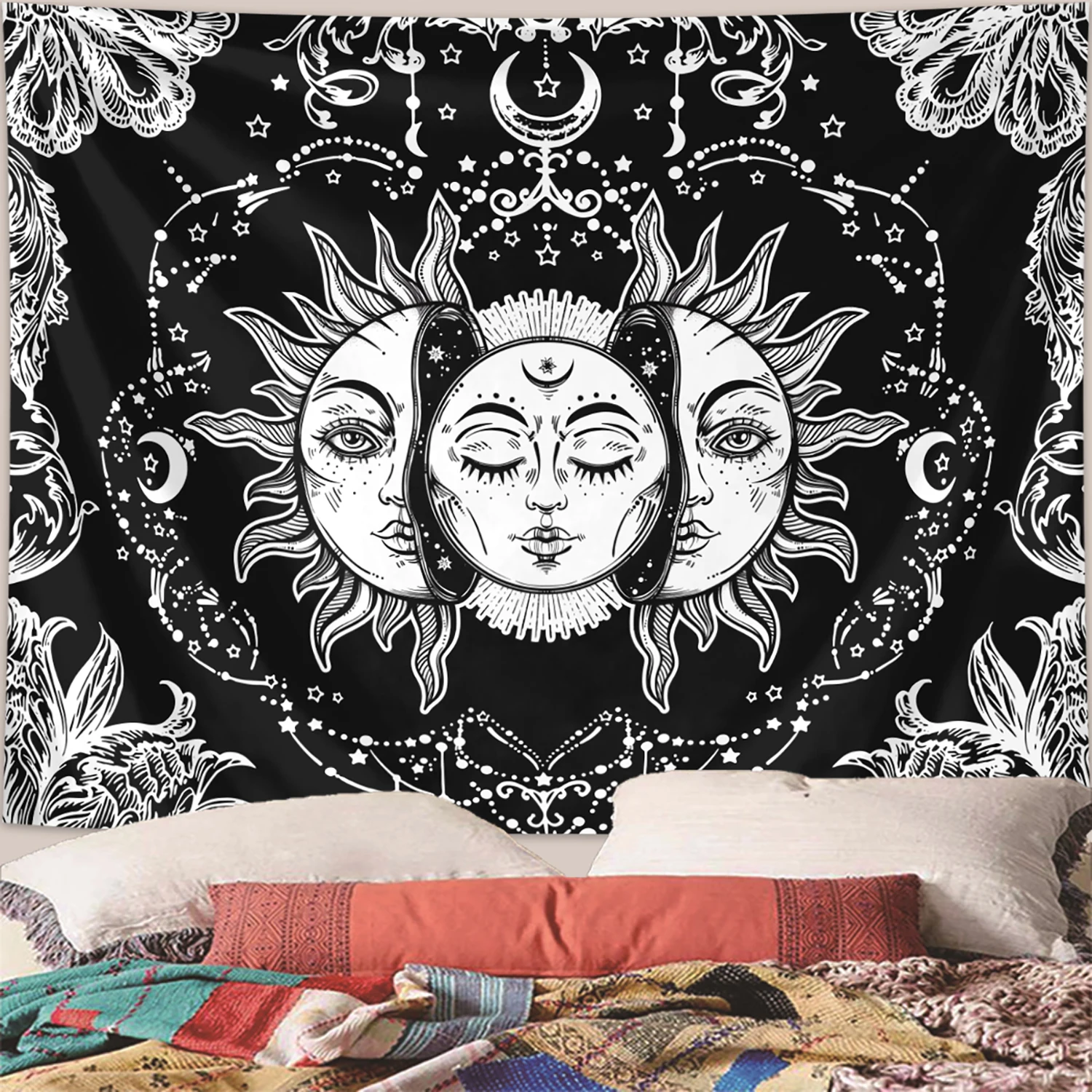 Sun Moon Tapestry Burning Sun and Stars Tapestry Black and White Mysterious Tarot Card Tapestry 1pc