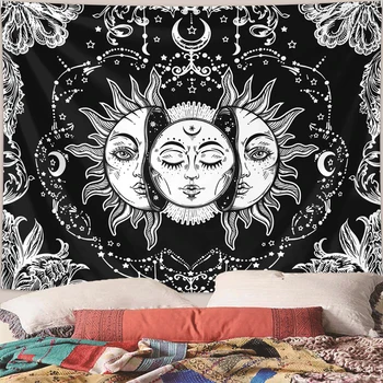 Tapisserie soleil lune 1 pièce, tapisserie soleil brûlant et étoiles, tapisserie de carte de Tarot mystérieuse noir et blanc 1