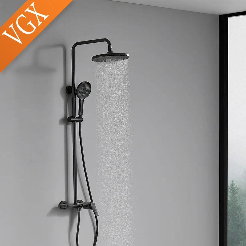 VGX Luxury Shower System Set Bathroom Shower Faucet Set 3-way Rainfall Shower Mixer Crane with Hand Shower Set Black Grey Chrome 4