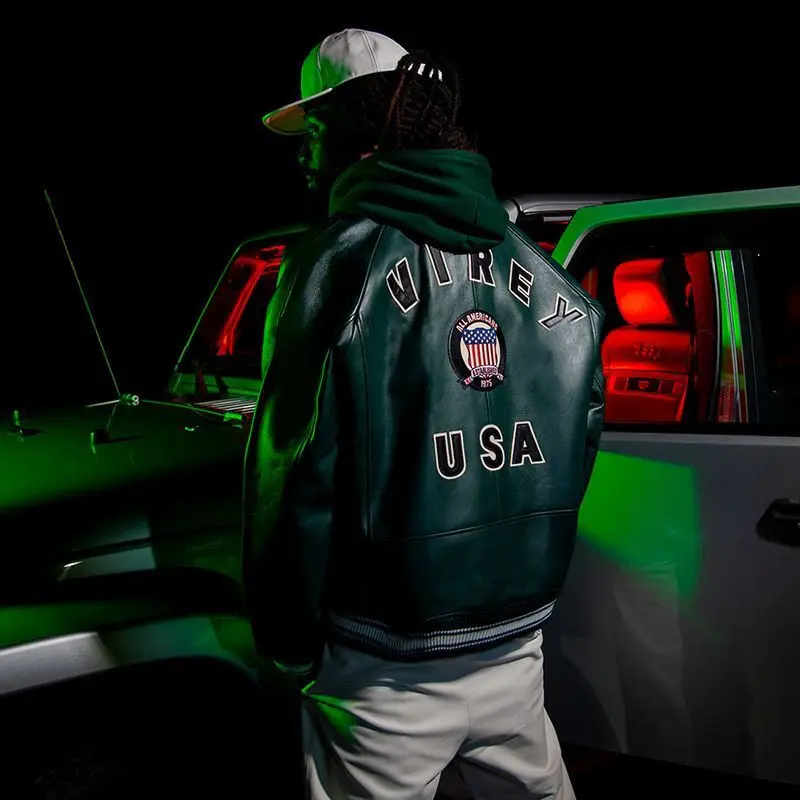 Jacket side profile highlighting patchwork design