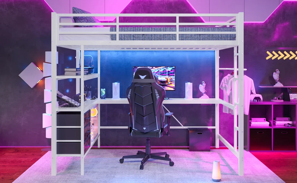 Hochbett mit LED-Beleuchtung, Schreibtisch, Steckdose + USB-Anschluss, 3 Schubladen, Regalen, Geländer, Treppe, ohne Matratze, weiß – Detail 21