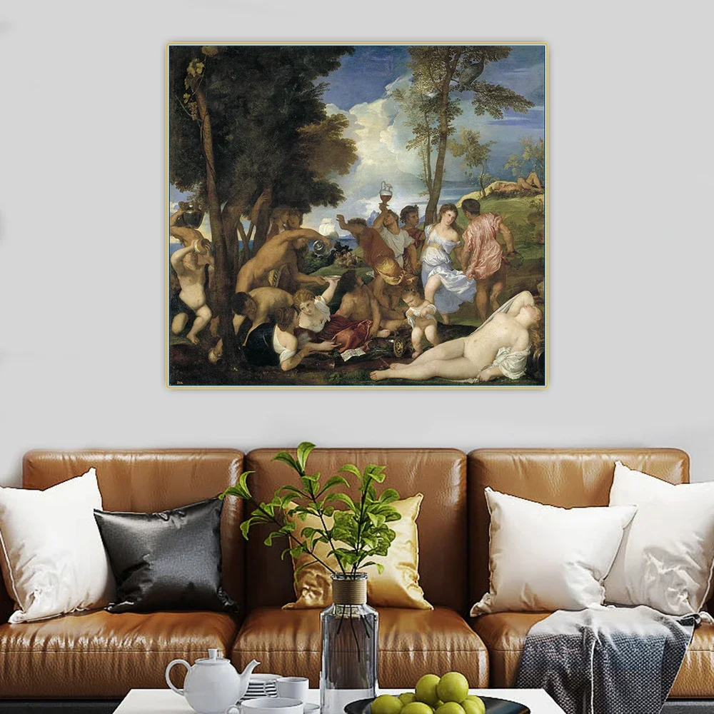 Tiziano Vecellio "Bacchanal Of The Andrians" ผ้าใบศิลปะภาพวาดสีน้ํามันงานศิลปะภาพโปสเตอร์ Wall Decor ตกแต่งบ้าน 1