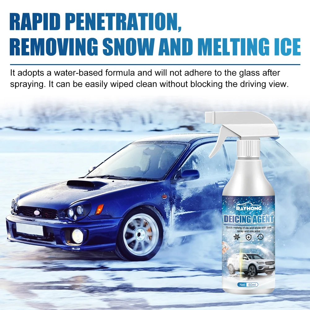 Car Window Glass Deicing Road Anti Slip Snow Melting Defrost Liquid 60ML Fast Ice Melting Spray for Car Windshield Window Mirror