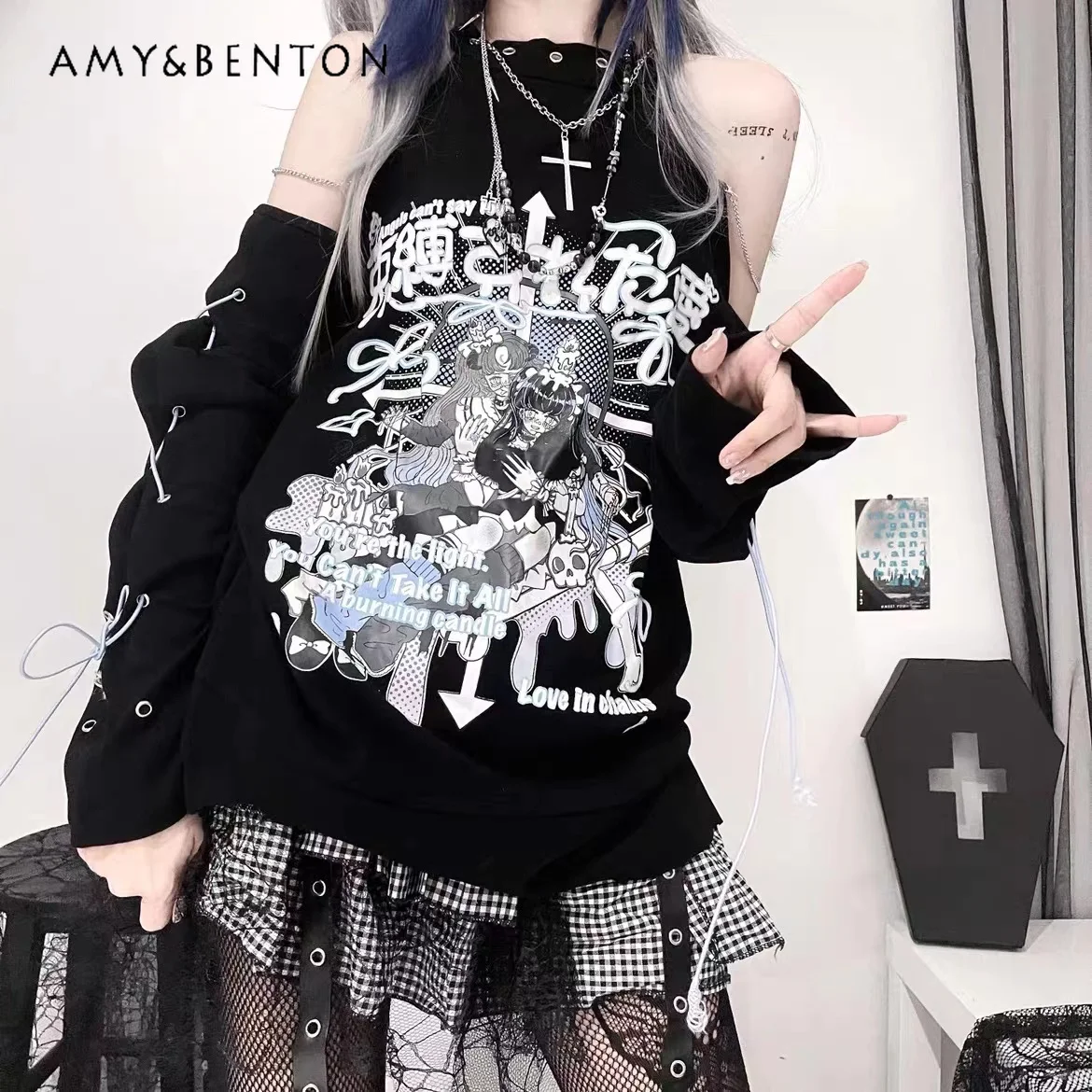 

Subculture Punk Y2K Hot Girl Off-Shoulder Hoodies Women Strap Cross Necklace Pendant Graphic Anime Hoodie Street Goth Sweatshirt