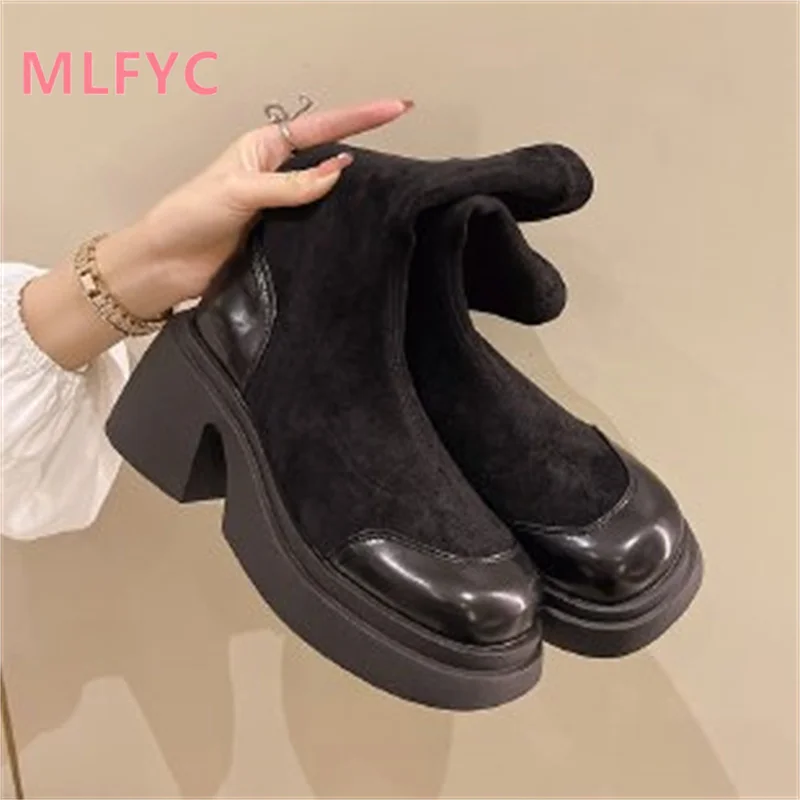 2023 Autumn/Winter Thick Sole Elastic Boots Women's Versatile Casual Boots female Retro Thick Heel Short Boots