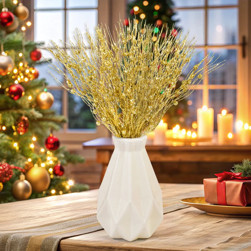 1/3/5Pcs Christmas Artificial Glitter Berry Stem Branches Xmas Tree Ornament New Year Home Decoration DIY Vase Filler 2025 Party