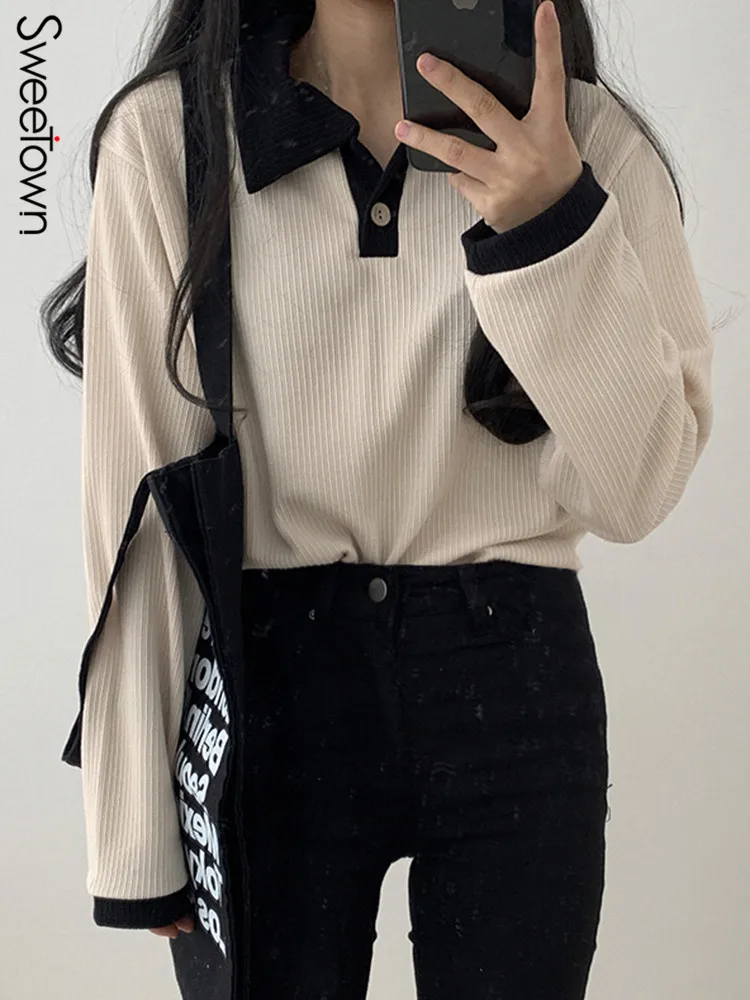 

Sweetown Korean Fashion Ribbed Autumn Pullovers Tops Women Contrast Button Collar Long Sleeve Preppy Style Casual Sweatshirts