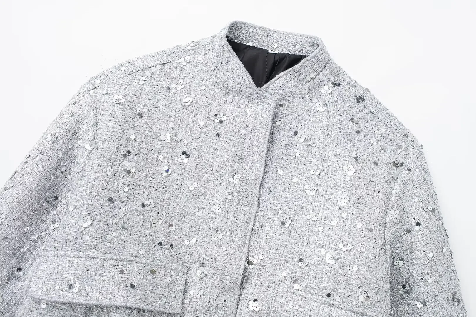 Sf97039d825564e1a8248d74f8e3ab618a Women's Sequined Bomber Jacket Fall New Round Neck Long Sleeve Pocket Stretch Hem Sequins Jacket Coat Female Chic Outerwear Mallzona