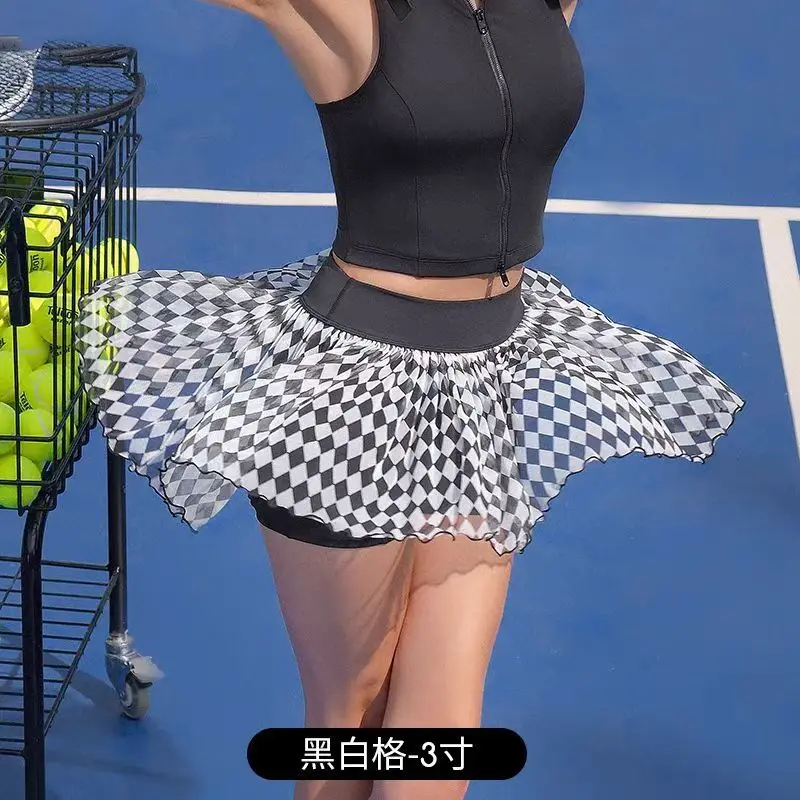 Sports Plaid Tennis Skirt Women Summer Lightweight Breathable and Professional Ball Skirt Fitness Side Pocket Short Gauze