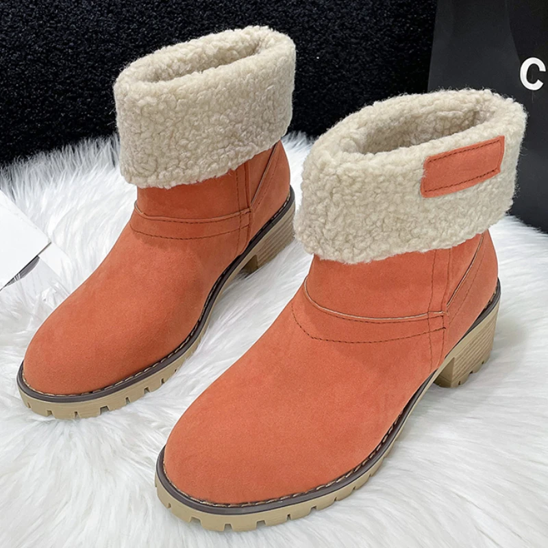 

Женские короткие ботинки, новинка 2024, зимние теплые ботинки на толстом каблуке, высокий каблук, повседневные женские ботинки на толстом каблуке, 43