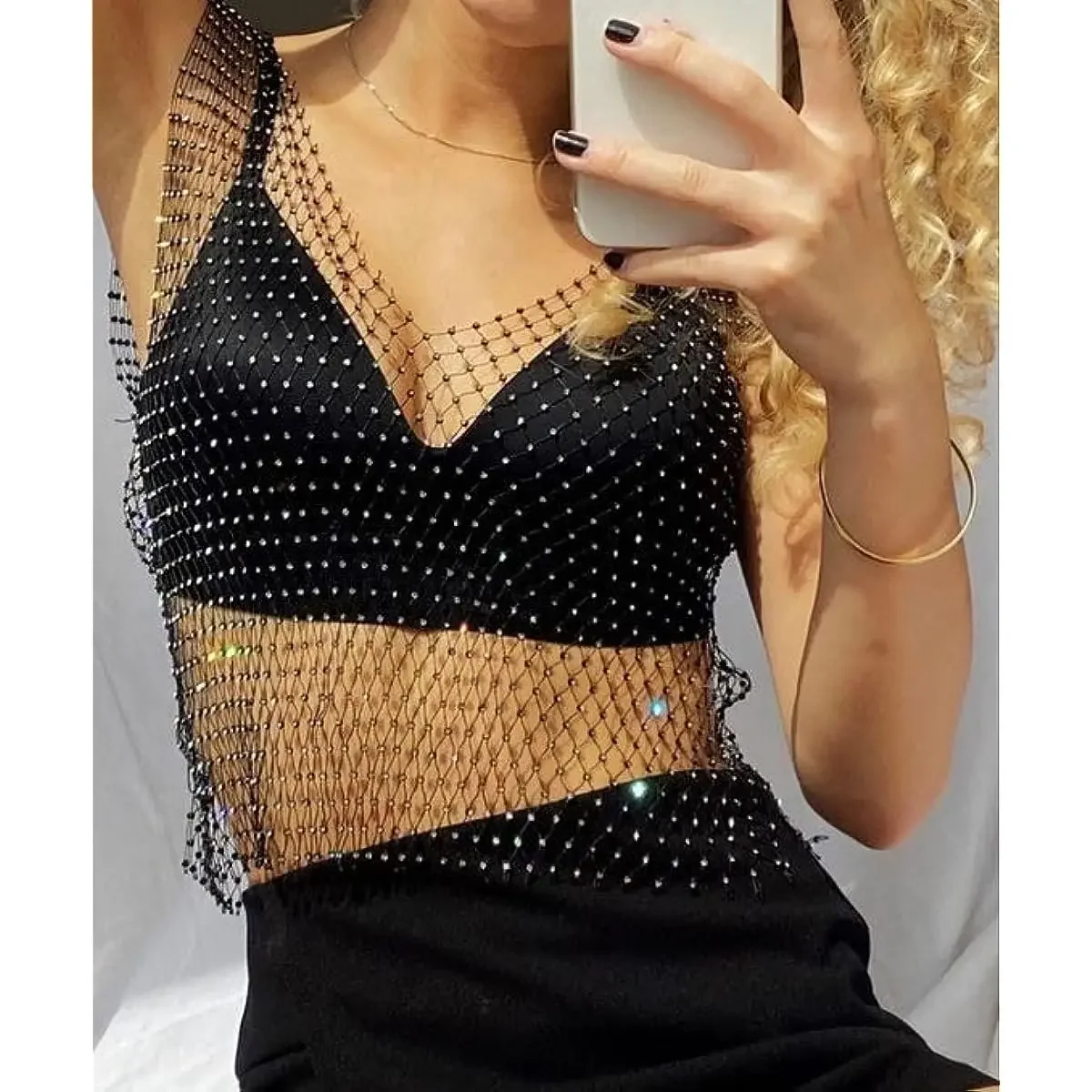 Top Donna In Rete Con Glitter E Strass - Maglia Trasparente Per Discoteca, Carnevale, Feste, Festival
