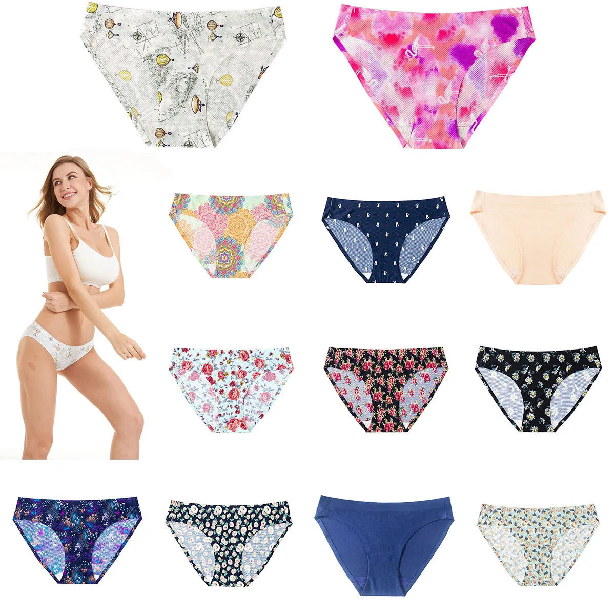 

Vintage Flower Print Panties for Women Sexy Lingerie Seamless Ice Silk Breathable Briefs Female Low Waist Fitness Underwear