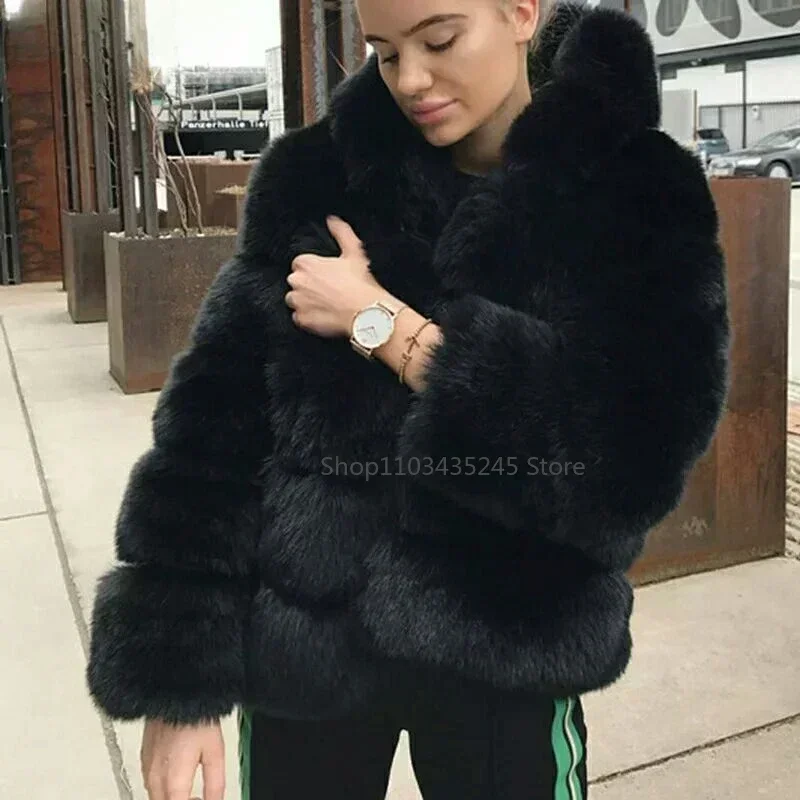 2025 New Luxury Faux Fox Fur Coat Women Short Winter Jacket with Big Fur Hood Thick Warm Overcoat Fashion Flurry Fake Fur Coats 3