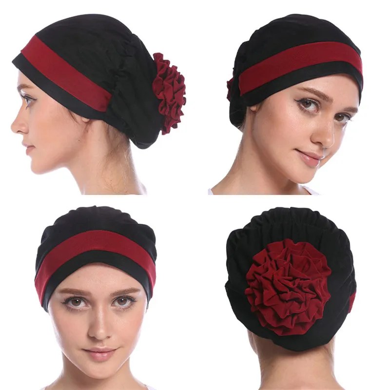 H1110 two colors muslim hijab with flower pull on hat islamic scarf turban hijab full headcover women headwrap ramadan gifts