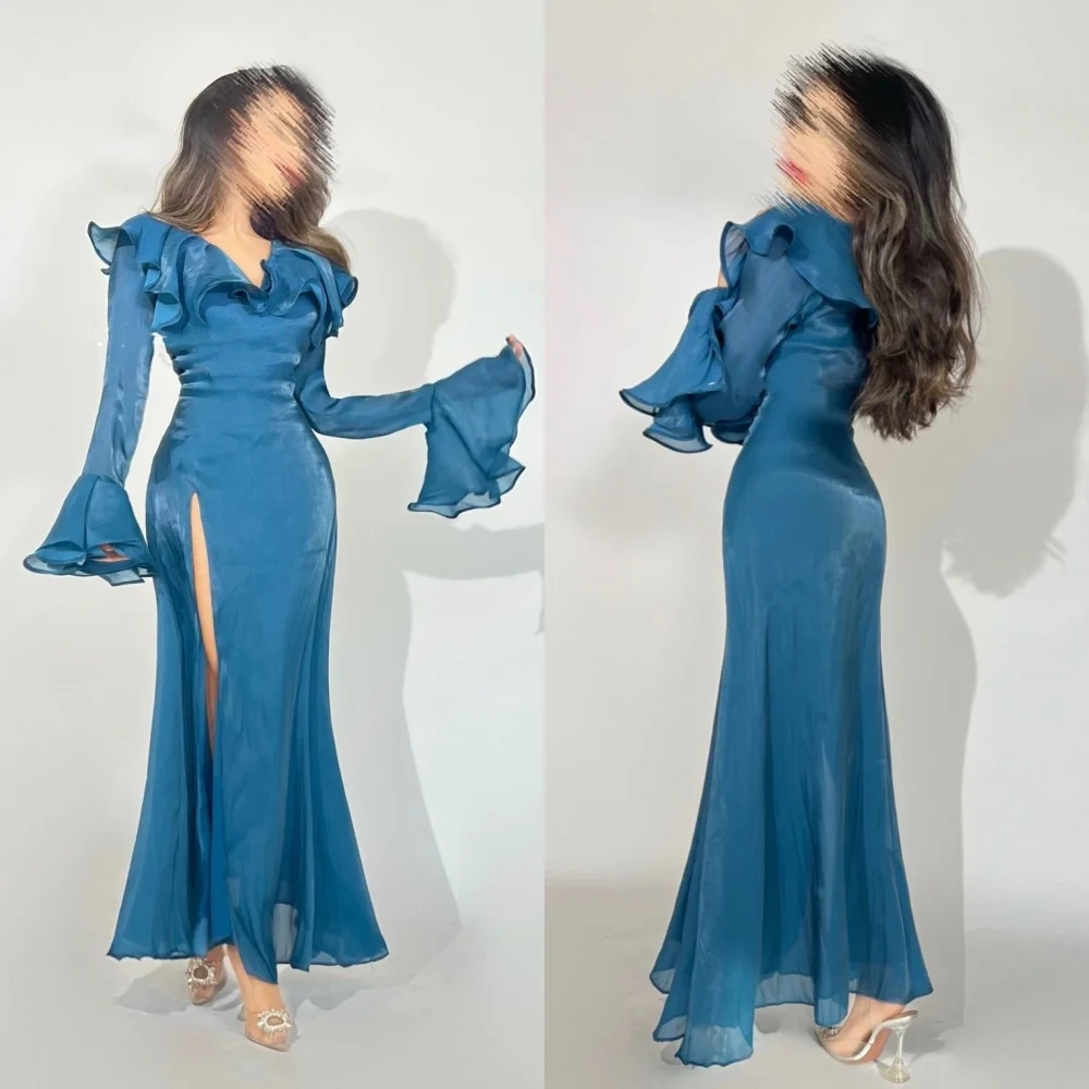 Fashion V-neck Mermaid Anke Length Quinceanera Dresses Layered Organza Formal Occasion Gown 롱원피스 robe femme soir&eacute;e vestido فسا quinceanera dresses