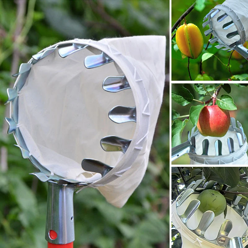 Fruit Picker Tool Metal Fruit Picker High Tree Orchard Apple Peach Cherry Catcher Farm Garden Picking Portable Fruit Collection Pouch
